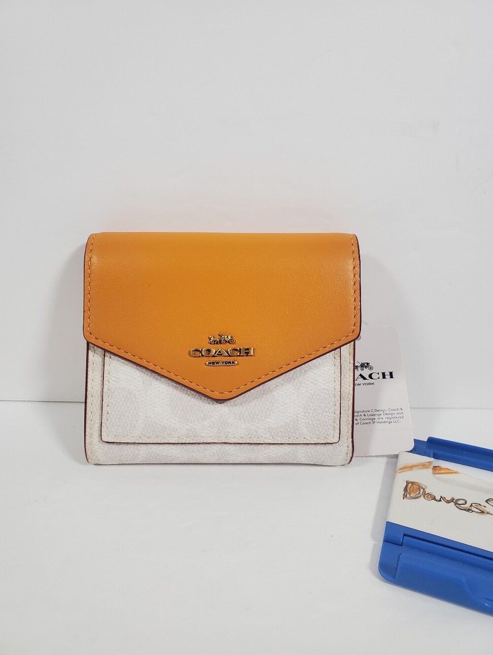 NWT  Coach Small Wallet Colorblock Leather Card Case Brass/Chalk Pollen